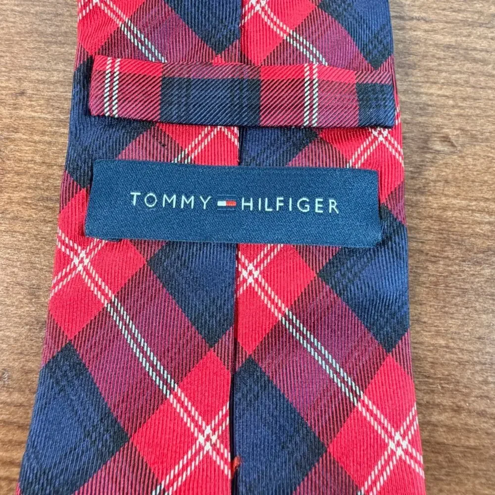 Tommy Hilfiger Red Navy Blue Plaid Tartan Silk Necktie